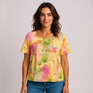 Alfred Dunner Square Neck Short Sleeve Top, Size Large, Yellow Pink Green